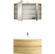 Badmöbel-Set Pelipal Sunline 104 BxHxT 101 x 200 x 50,5 cm Frontfarbe eiche riviera Badmöbelset 3-teilig mit Waschtisch Mineralmarmor weiß und Waschtischunterschrank Spiegelschrank mit LED-Beleuchtung