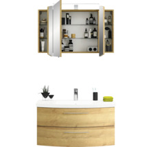 Badmöbel-Set Pelipal Sunline 104 BxHxT 101 x 200 x 50,5 cm Frontfarbe eiche riviera Badmöbelset 3-teilig mit Waschtisch Mineralmarmor weiß und Waschtischunterschrank Spiegelschrank mit LED-Beleuchtung