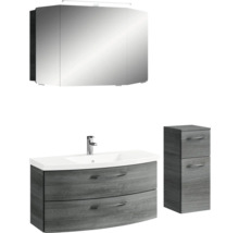 Badmöbel-Set Pelipal Sunline 104 BxHxT 131 x 200 x 50,5 cm Frontfarbe graphit struktur quer Badmöbelset 4-teilig mit Waschtisch Mineralmarmor weiß und Waschtischunterschrank Spiegelschrank mit LED-Beleuchtung Unterschrank