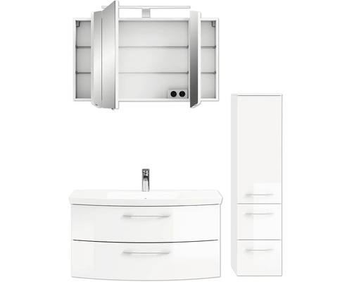 Weißes Badezimmerset mit Spiegelschrank, Waschtischunterschrank und Hochschrank