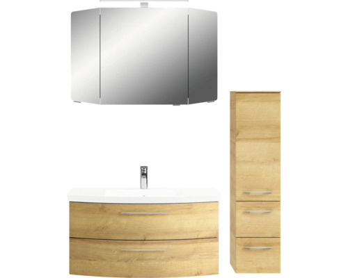 Badezimmerset mit Waschtischunterschrank, Spiegelschrank und Hochschrank