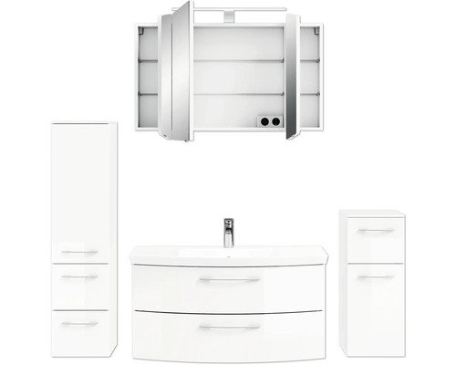 Badezimmerset mit Waschbeckenunterschrank, Spiegelschrank und zwei Hochschränken