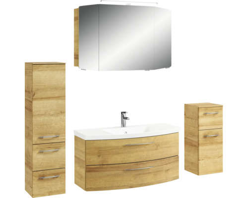 Komplette Badezimmereinrichtung mit Waschtisch, Spiegelschrank und Seitenschränken