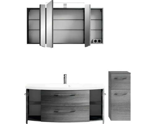Badezimmerset mit Waschtischunterschrank, Spiegelschrank und Hochschrank