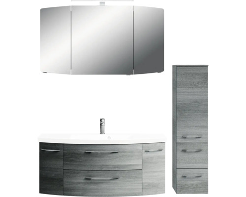 Komplette Badezimmereinrichtung mit Waschtischunterschrank, Waschbecken, Spiegelschrank und Hochschrank
