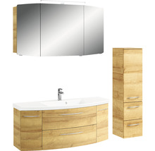 Badmöbel-Set Pelipal Sunline 104 BxHxT 151 x 200 x 50,5 cm Frontfarbe eiche riviera Badmöbelset 4-teilig mit Waschtisch Mineralmarmor weiß und Waschtischunterschrank Spiegelschrank mit LED-Beleuchtung Hochschrank