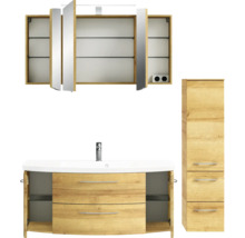 Badmöbel-Set Pelipal Sunline 104 BxHxT 151 x 200 x 50,5 cm Frontfarbe eiche riviera Badmöbelset 4-teilig mit Waschtisch Mineralmarmor weiß und Waschtischunterschrank Spiegelschrank mit LED-Beleuchtung Hochschrank
