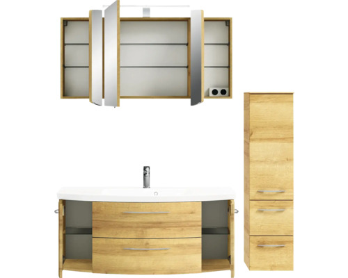 Badezimmer Set mit Waschtischunterschrank, Spiegelschrank und Hochschrank