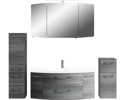 Badezimmermöbelset mit Waschbeckenunterschrank, Spiegelschrank und zwei Seitenschränken