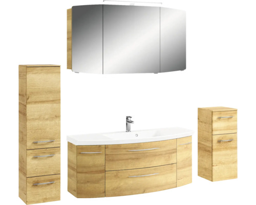 Badezimmerset mit Waschbeckenunterschrank, Spiegelschrank und zwei Seitenschränken