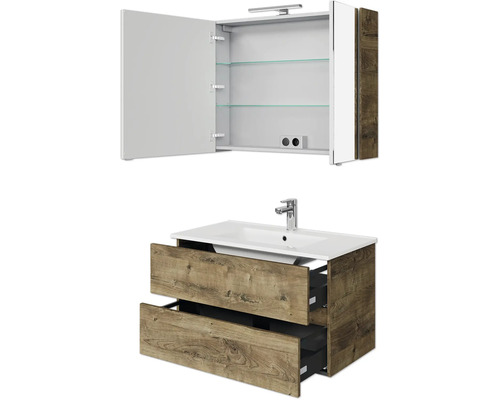 Waschtisch mit Waschbecken und Spiegelschrank mit offenen Fächern im Badezimmer