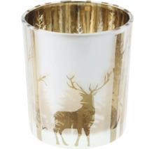 Teelichthalter aus Glas mit Hirsch- und Waldmotiv