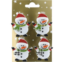 Vier Schneemann-Anhänger mit Mütze und Schal als Weihnachtsdekoration