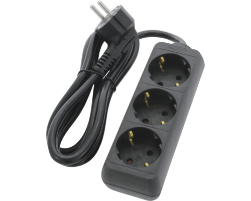 Schwarze Steckdosenleiste mit drei Steckplätzen und Kabel