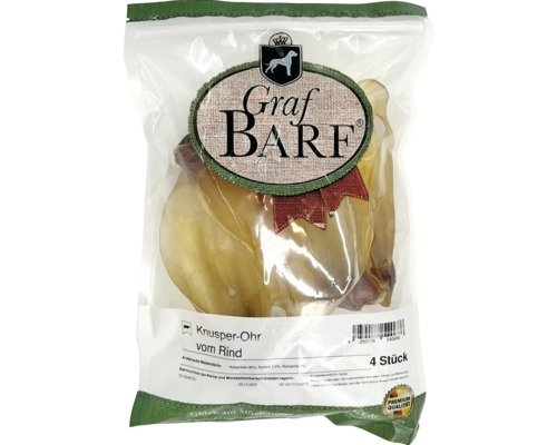 Hundesnack Graf Barf Knusper-Ohr Rind, getrocknet ca. 280 g Kauartikel Graf Barf Knusper-Ohr vom Rind, vier Stück