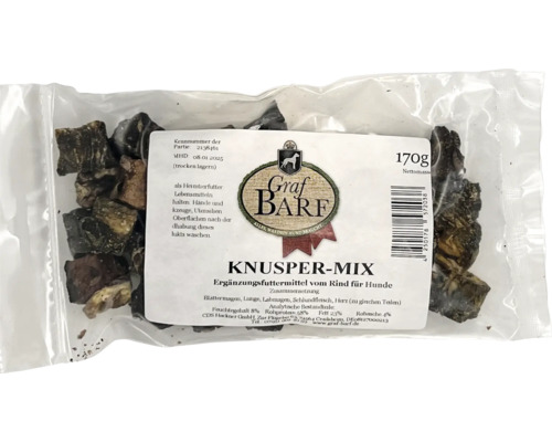 Hundesnack Graf Barf Knusper-Mix Rind, getrocknet, Lunge, Pansen, Labmagen, Schlund, Blättermagen ca. 170 g Kauartikel