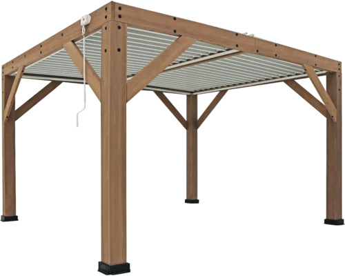 Freistehende Pergola aus Holz mit verstellbarem Dach.