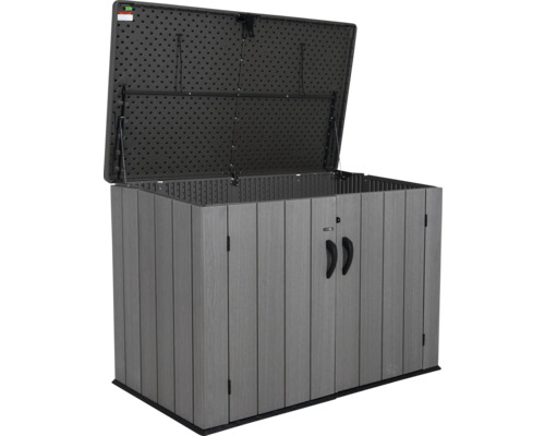 Geöffnete graue Gerätebox für den Außenbereich zur Aufbewahrung von Gartengeräten