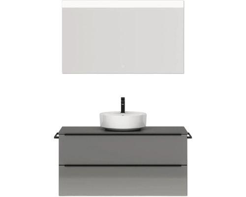 Badmöbel-Set NOBILIA Programm 3 BxHxT 121 x 169,1 x 48,7 cm Frontfarbe grau hochglanz mit Aufsatz-Waschtisch weiß und Spiegel mit LED-Beleuchtung Griffleiste schwarz 501