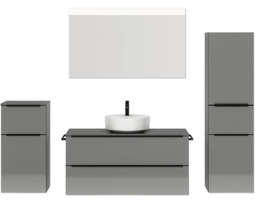 Badmöbel-Set NOBILIA Programm 3 BxHxT 230 x 169,1 x 48,7 cm Frontfarbe grau hochglanz mit Aufsatz-Waschtisch weiß und Spiegel mit LED-Beleuchtung Midischrank Unterschrank Griffleiste schwarz 525 Badezimmer-Set mit Waschtischunterschrank, Aufsatzwaschbecken, Spiegelschrank und Hochschrank