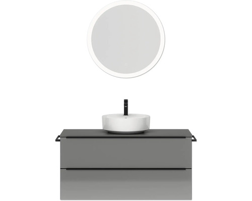 Badmöbel-Set NOBILIA Programm 3 BxHxT 121 x 169,1 x 48,7 cm Frontfarbe grau hochglanz mit Aufsatz-Waschtisch weiß und Spiegel rund mit LED-Beleuchtung Griffleiste schwarz 517 Badezimmer mit Waschtischunterschrank, Aufsatzwaschbecken und rundem Spiegel