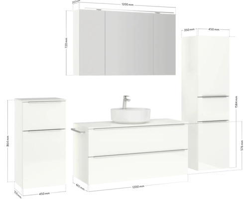 Badezimmer-Set mit Waschbecken, Unterschrank, Hochschrank und Spiegelschrank