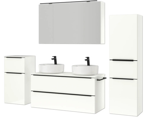 Badezimmerensemble mit Waschtischunterschrank, Aufsatzwaschbecken, Spiegelschrank und Hochschrank
