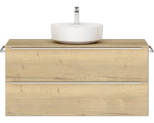 Badmöbel-Set NOBILIA Programm 3 BxHxT 121 x 59,1 x 48,7 cm Frontfarbe eiche natur mit Aufsatz-Waschbecken weiß Griffleiste chrom matt 494 Waschtischunterschrank mit Waschbecken und zwei Schubladen