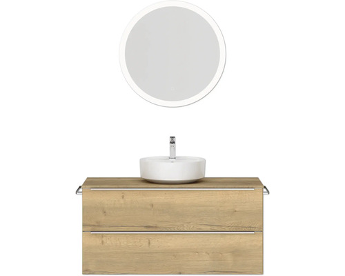 Badmöbel-Set NOBILIA Programm 3 BxHxT 121 x 169,1 x 48,7 cm Frontfarbe eiche natur mit Aufsatz-Waschtisch weiß und Spiegel rund mit LED-Beleuchtung Griffleiste chrom matt 518 Waschtisch mit Unterschrank, Aufsatzwaschbecken und Spiegel