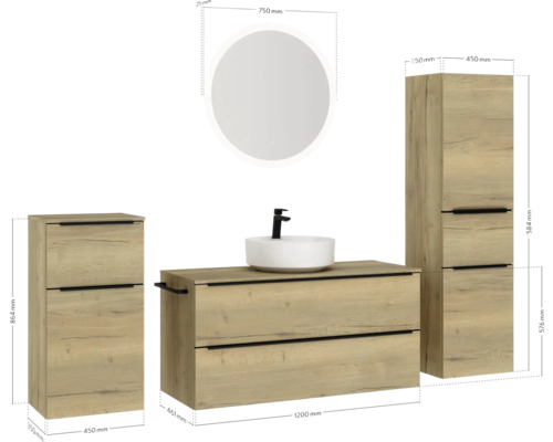 Badezimmer-Set mit Waschtisch, Aufsatzwaschbecken, Spiegelschrank und Hochschrank