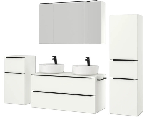 Badezimmer-Set mit Waschtischunterschrank, zwei Aufsatzwaschbecken, Hochschrank und Spiegelschrank