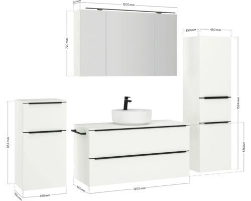 Badezimmer Set mit Waschtisch, Waschbecken, Spiegelschrank und Hochschränken mit Maßangaben
