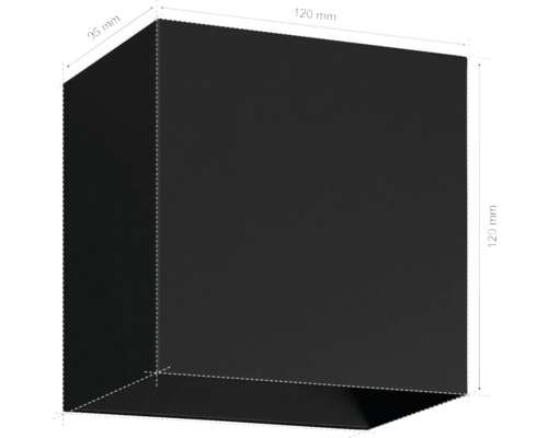 Abbildung einer würfelförmigen Lampe mit den Maßen 95 Millimeter und 120 Millimeter als technische Zeichnung.