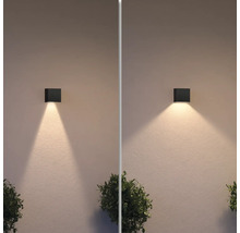 Zwei quadratische Außenwandleuchten mit unterschiedlicher Lichtfarbe an einer Wand