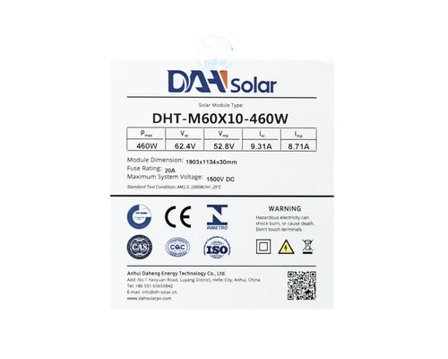 DAH Solar Logo mit technischen Daten und Warnhinweisen zum Solarmodul.