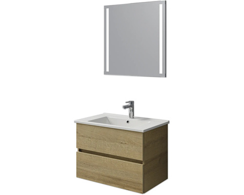 Badmöbel-Set Pelipal Cavallino BxHxT 75 x 200 x 45 cm Frontfarbe eiche riviera mit Keramik-Waschtisch weiß, Waschtischunterschrank und Spiegel