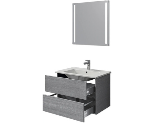 Waschtisch mit zwei Schubladen, Aufsatzwaschbecken, Armatur und Spiegel mit Beleuchtung für das Badezimmer