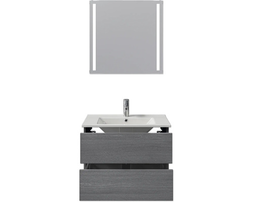 Waschtisch mit Waschbecken, Unterschrank und beleuchtetem Spiegel für das Badezimmer