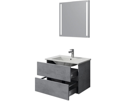 Waschtisch mit Waschbecken, Armatur, Unterschrank mit zwei Schubladen und beleuchtetem Spiegel