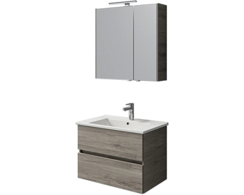 Badmöbel-Set Pelipal Cavallino BxHxT 75 x 200 x 45 cm Frontfarbe eiche sanremo mit Keramik-Waschtisch weiß, Waschtischunterschrank und Spiegelschrank mit LED-Beleuchtung Waschtisch mit zwei Schubladen, Aufsatzwaschbecken und Spiegelschrank mit Beleuchtung