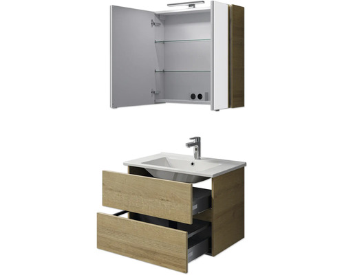 Waschtisch mit zwei Schubladen, Waschbecken und Spiegelschrank mit Regalböden