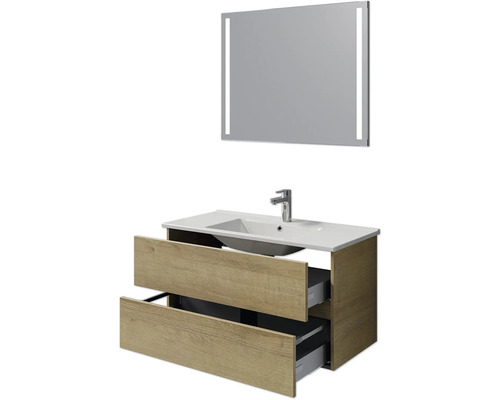 Waschtischkombination mit zwei Schubladen, Waschbecken, Armatur und Spiegel mit Beleuchtung