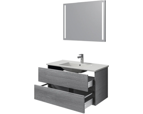 Waschtisch mit Waschbecken, Armatur und Spiegel mit Beleuchtung