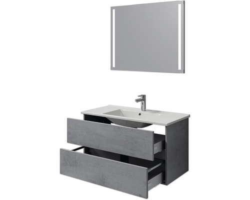 Waschtisch mit zwei Schubladen, Aufsatzwaschbecken, Armatur und Spiegel mit Beleuchtung