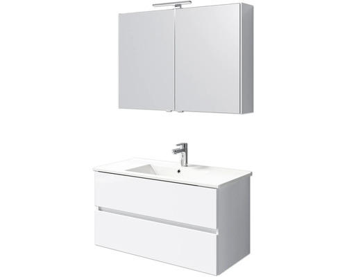 Badmöbel-Set Pelipal Cavallino BxHxT 100 x 200 x 46 cm Frontfarbe weiß hochglanz mit Keramik-Waschtisch weiß, Waschtischunterschrank und Spiegelschrank mit LED-Beleuchtung