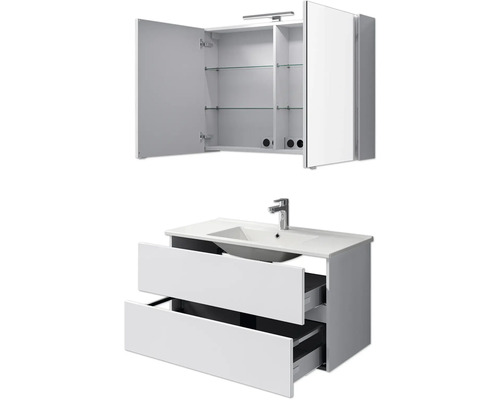 Waschtisch mit Unterschrank und Spiegelschrank zur Badezimmerausstattung