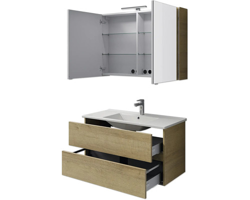 Waschtisch mit zwei Schubladen und Spiegelschrank mit Regalböden für das Badezimmer