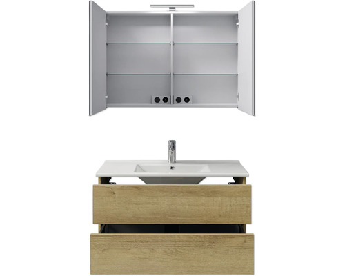 Waschtischunterschrank mit Waschbecken und Spiegelschrank mit offenen Türen