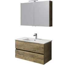 Badmöbel-Set Pelipal Cavallino BxHxT 100 x 200 x 46 cm Frontfarbe eiche ribbeck mit Keramik-Waschtisch weiß, Waschtischunterschrank und Spiegelschrank mit LED-Beleuchtung