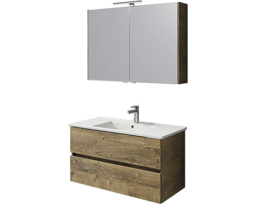 Badmöbel-Set Pelipal Cavallino BxHxT 100 x 200 x 46 cm Frontfarbe eiche ribbeck mit Keramik-Waschtisch weiß, Waschtischunterschrank und Spiegelschrank mit LED-Beleuchtung Waschtischkombination mit Spiegelschrank und Holzdekor